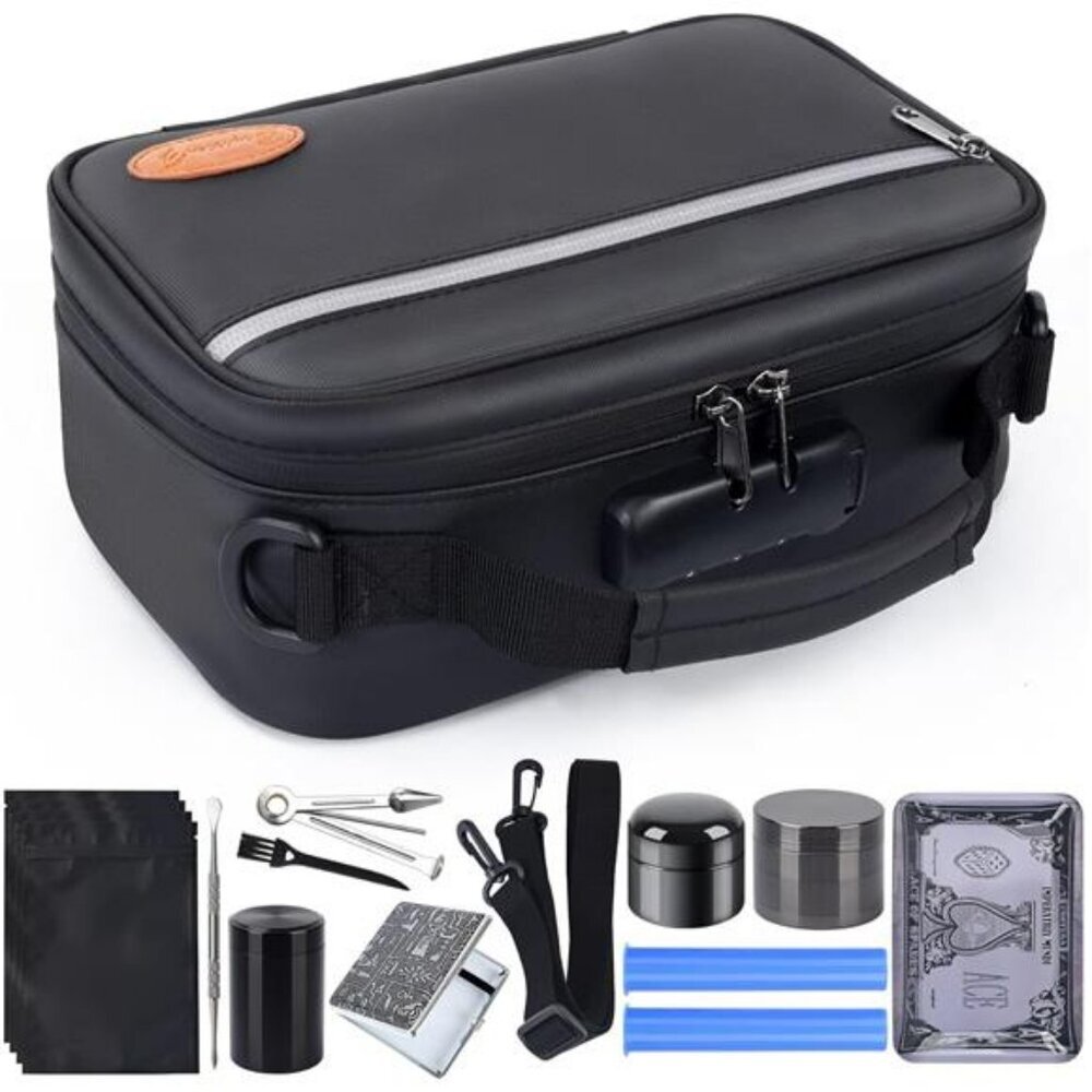 Black lockable storage bag with combination medicine lock box travel organizer